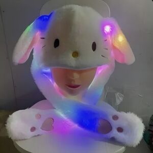 HELLO KITTY / BUNNY RGB Animated Plush Bunny Ear Hat - White Pink Paw Accent